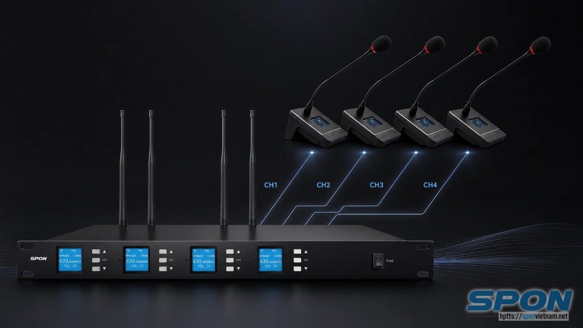 Bộ 04 Micro cổ ngỗng không dây để bàn SPON LCS-2340L-4 Bộ 04 Micro cổ ngỗng không dây để bàn SPON LCS-2340L-4